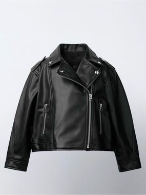 0036 Zara Black Faux Leather Biker Jacket with Silver Hardware